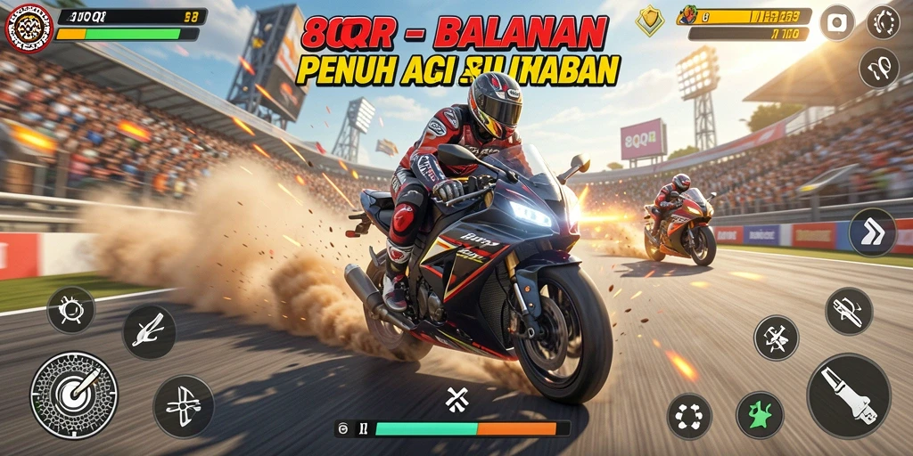Screenshot gameplay 8QR menampilkan aksi balapan motor seru di berbagai trek.