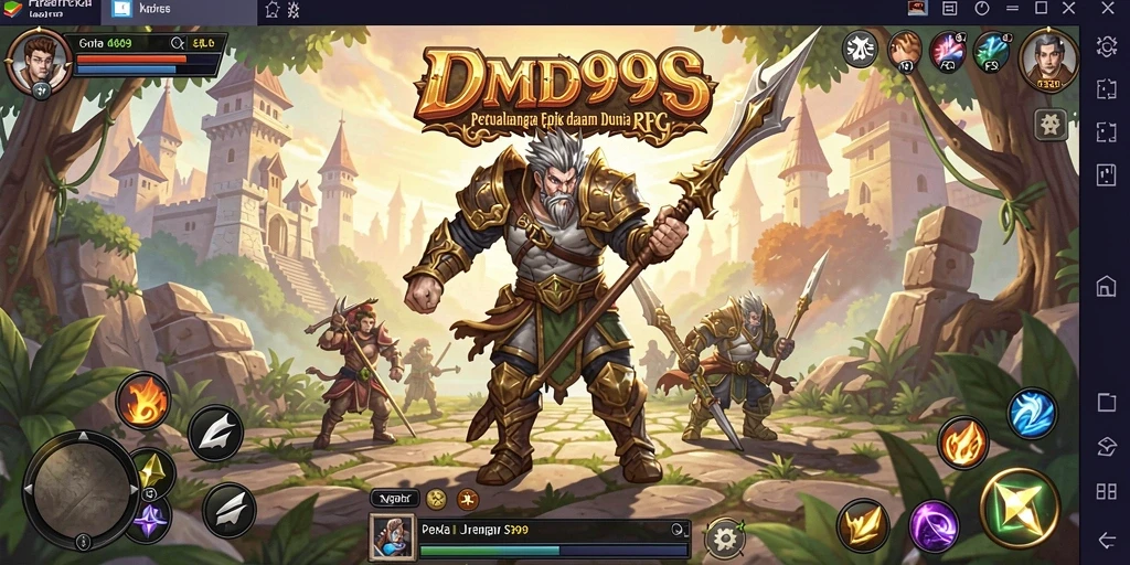 Screenshot gameplay DMD999 dengan karakter bertarung di medan perang.