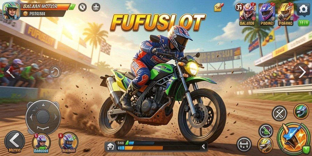 Screenshot FUFUSLOT menampilkan balapan motor aksi seru dan grafis menawan.