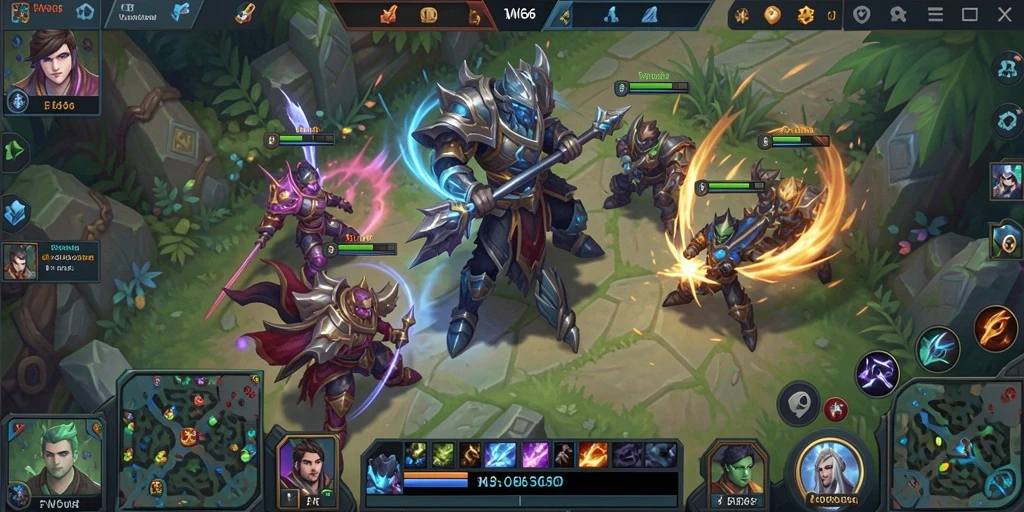 Tampilan gameplay menarik dalam pertarungan MOBA yang intens.