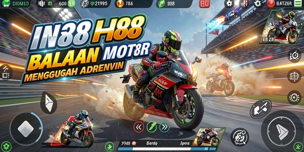 Screenshot utama IN88 menunjukkan aksi seru balapan motor di berbagai lintasan.