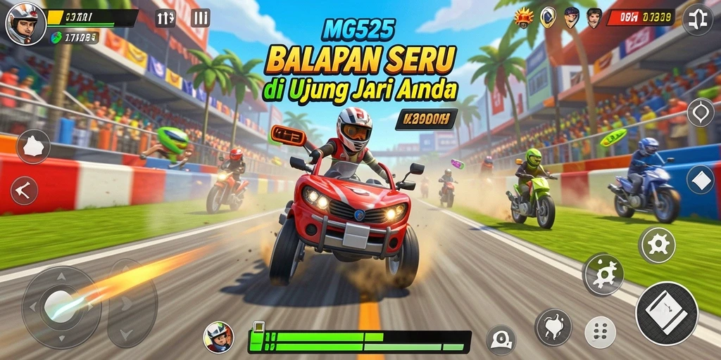 Screenshot utama MG525 menampilkan aksi balapan yang mendebarkan dengan mobil cepat.
