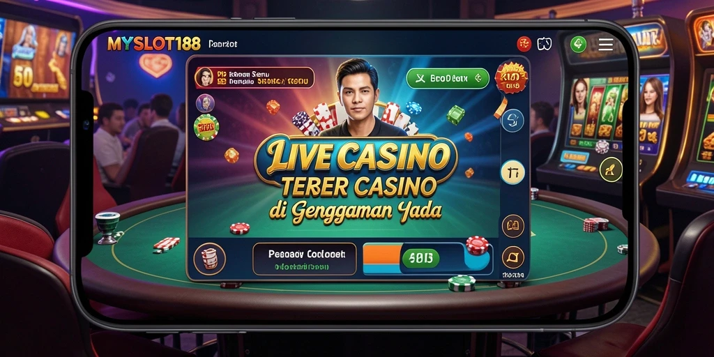 Screenshot gameplay MYSLOT188 yang menampilkan dealer dan pemain dalam suasana kasino langsung.