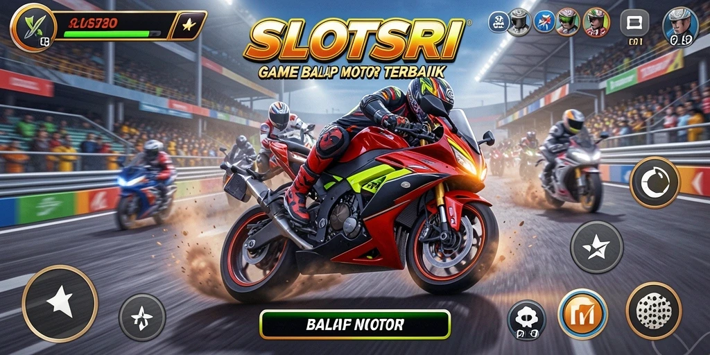 Screenshot gameplay SLOTSRI dengan balapan motor yang mendebarkan.
