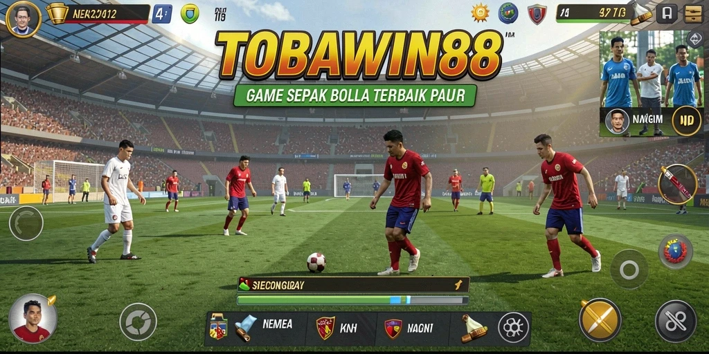 Screenshot menampilkan aksi seru dalam permainan sepak bola TOBAWIN88.