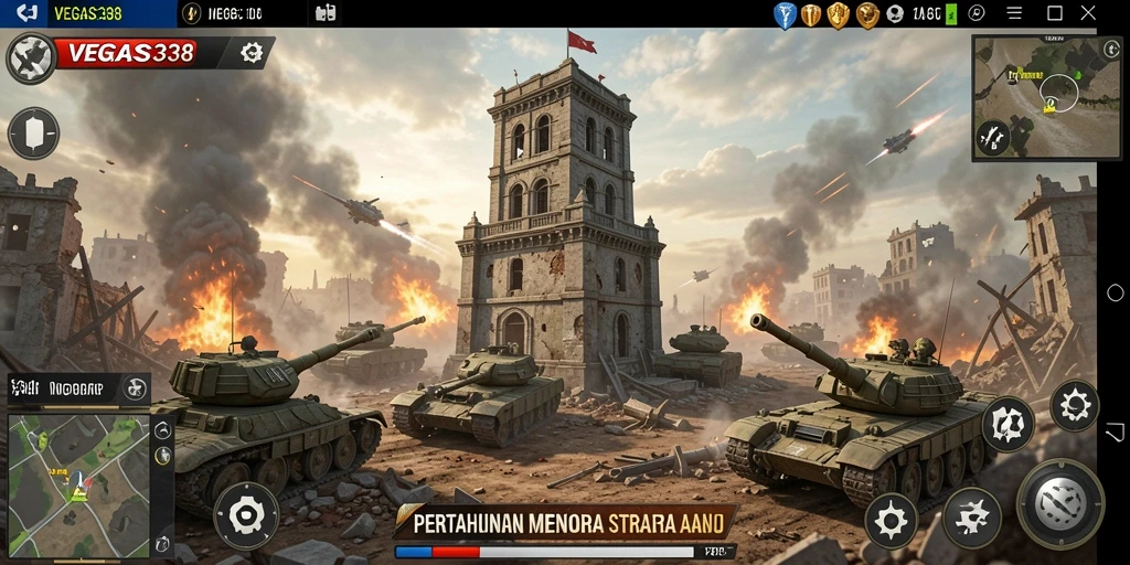 Tangkapan layar gameplay menampilkan menara pertahanan dan strategi pertempuran.
